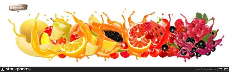 Fruit in juice splash panorama. Strawberry, raspberry, blueberry, blackberry, orange, guava, citron, grape, watermelon, honey melon, mango, peach. Vector.