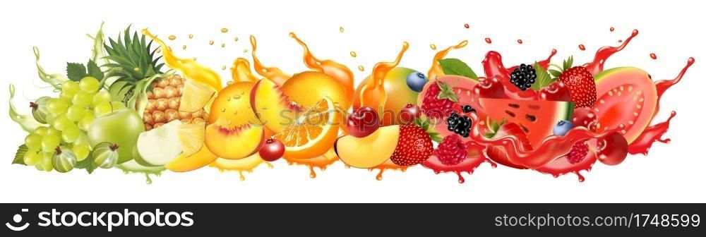 Fruit in juice splash panorama. Strawberry, raspberry, blueberry, blackberry, orange, guava, watermelon, pineapple, mango, peach. Vector.