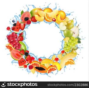 Fruit in water splash frame. Strawberry, raspberry, blueberry, blackberry, orange, guava, watermelon, pineapple, mango, peach. Vector.