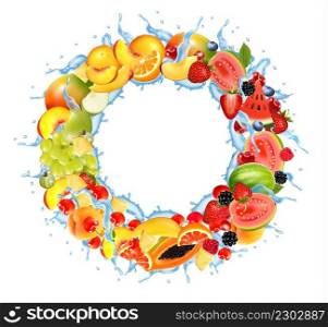 Fruit in water splash frame. Strawberry, raspberry, blueberry, blackberry, orange, guava, watermelon, pineapple, mango, peach. Vector.