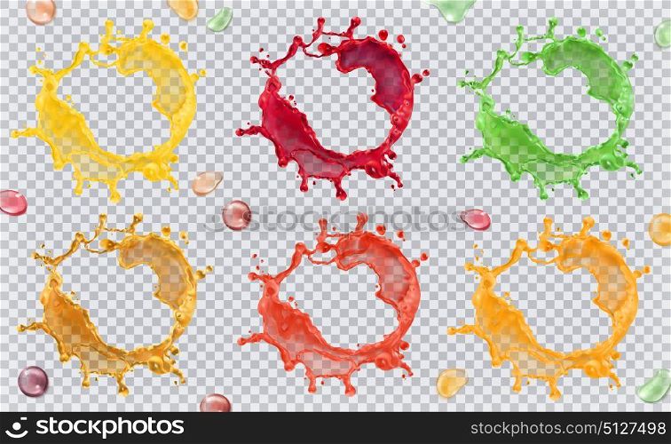 Fruit juice, splashes of paint. 3d vector icon set