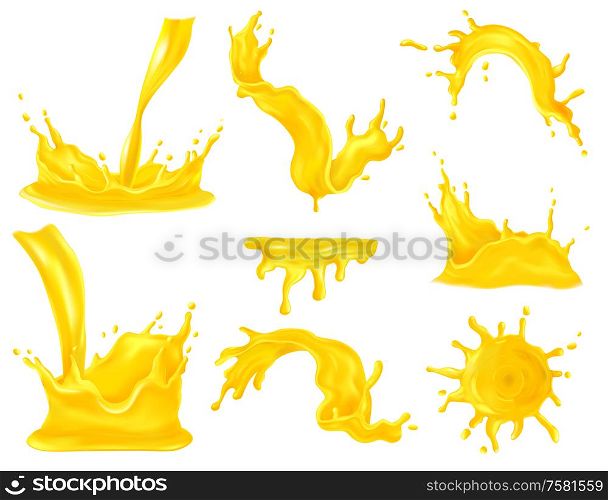 Fruit juice spray and splash realistic set isolated vector illustration