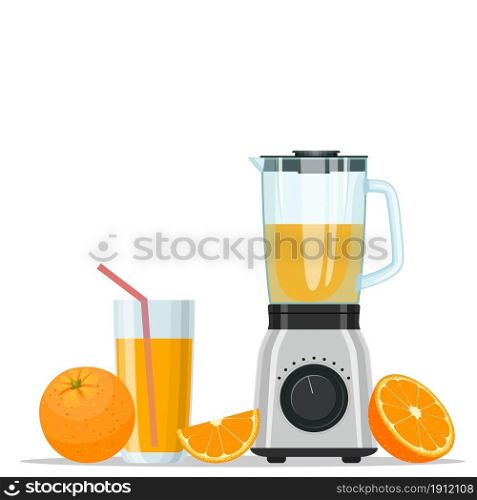 Fruit Juice Squeezer or Blender Kitchen Appliance. Orange juice in a glass and fruit. isolated on white background. Vector illustration in flat style.. Fruit Juice Squeezer or Blender Kitchen Appliance. Orange juice in a glass and fruit