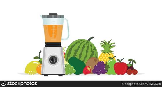 Fruit Juice Squeezer or Blender Kitchen Appliance with group of fruits isolated on white background.vector illustration.