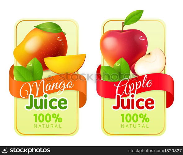 Fruit labels realistic. Packaging stickers with fresh realistic fruits, juices and jam emblems