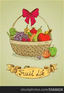 Fruit life gift basket with bow emblem vector illustration