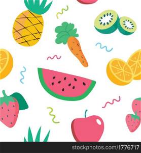 Fruit mix and vegetables seamless pattern on white background. watermelon, pineapple, orange, strawberries, carrot. design for fabric and decor.