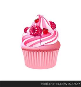 Fruit muffin realistic vector illustration. Cupcake with raspberries. Romantic dessert, Valentines Day bakery. Homemade pastry with berries and whipped cream 3d isolated object on white background. Fruit muffin realistic vector illustration