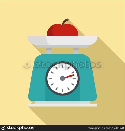 Fruit on kitchen scales icon. Flat illustration of fruit on kitchen scales vector icon for web design. Fruit on kitchen scales icon, flat style