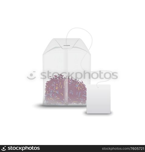 Fruit or floral brew tea bag isolated mockup. Vector herbal tea in rectangle pack. Teabag of rectangle shape with floral or fruit tea