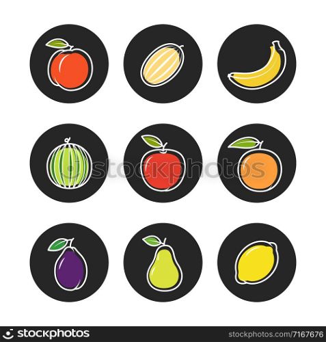 Fruit outline icons on chalk rounds of set. Illustration of fruit banana and pear, plum and orange vector. Fruit outline icons on chalk rounds of set