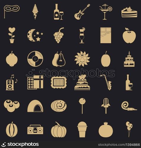 Fruit party icons set. Simple style of 36 fruit party vector icons for web for any design. Fruit party icons set, simple style