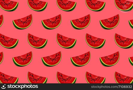 fruit pattern of fresh watermelon halves on red background. from top view. vector