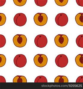 Fruit peach seamless pattern, great design for any purposes. Hand drawn fabric texture pattern. Healthy food background. Vector flat style summer graphic. On white background.. Fruit peach seamless pattern