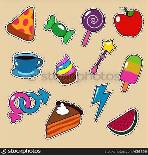 Fruit, pizza, coffee and candy stickers vector icons. Girl fashion patches collection. Illustration of candy food, colorful caramel and coffee, pizza and apple. Fruit, pizza, coffee and candy stickers vector icons. Girl fashion patches collection