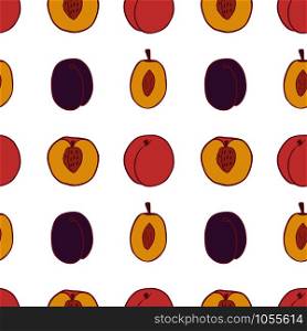 Fruit plum and peach seamless pattern, great design for any purposes. Hand drawn fabric texture pattern. Healthy food background. Vector flat style summer graphic. On white background.. Fruit plum and peach seamless pattern