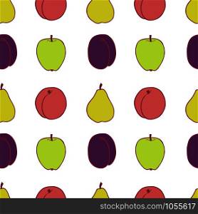 Fruit plum, pear, peach and apple seamless pattern, great design for any purposes. Hand drawn fabric texture pattern. Healthy food background. Vector flat style summer graphic. On white background.. Fruit seamless pattern