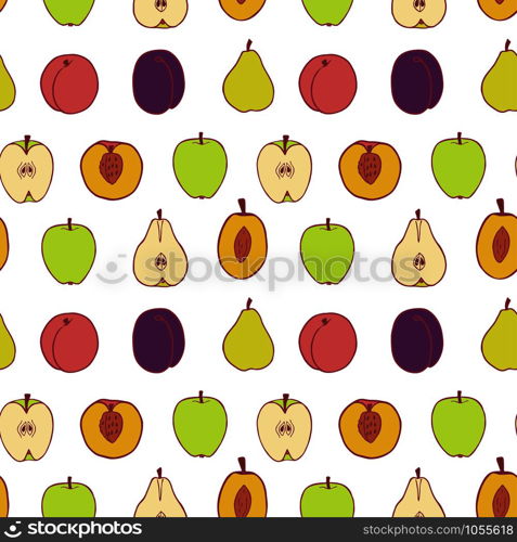 Fruit plum, pear, peach and apple seamless pattern, great design for any purposes. Hand drawn fabric texture pattern. Healthy food background. Vector flat style summer graphic. On white background.. Fruit seamless pattern