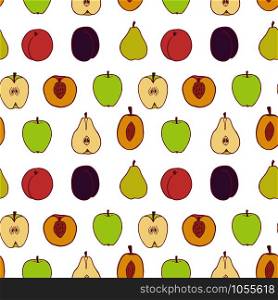 Fruit plum, pear, peach and apple seamless pattern, great design for any purposes. Hand drawn fabric texture pattern. Healthy food background. Vector flat style summer graphic. On white background.. Fruit seamless pattern