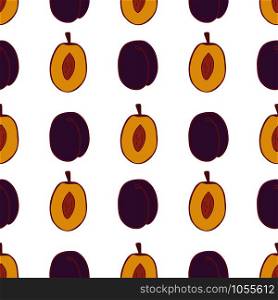 Fruit plum seamless pattern, great design for any purposes. Hand drawn fabric texture pattern. Healthy food background. Vector flat style summer graphic. On white background.. Plum fruit seamless pattern