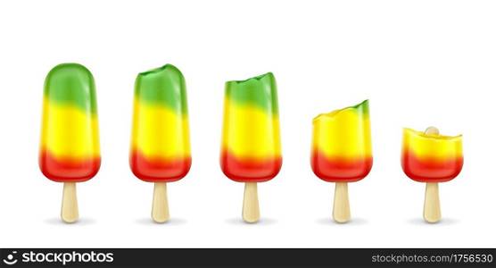 Fruit popsicle with bites, colorful ice cream isolated on white background. Vector realistic set of frozen juice on wooden stick in different stages of eating. Summer cold dessert. Fruit popsicle with bites, colorful ice cream