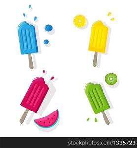 Fruit popsicles ice cream set of isolated frozen stick confection with fruts Icons on blank background vector illustration. Ice lollys collection colored fruity set of four frozen popsicles. Fruit popsicles ice cream set isolated with fruits