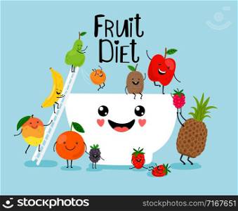 Fruit salad. Healthy diet, fresh fruits and berries with white bowl, organic light calories breakfast vector illustration. Fruit salad with white bowl