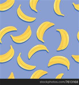 Fruit seamless pattern, bananas with shadow on bright blue background. Summer vibrant design. Exotic tropical fruit. Colorful vector illustration