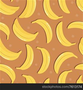 Fruit seamless pattern, bananas with shadow on light brown background. Summer vibrant design. Exotic tropical fruit. Colorful vector illustration