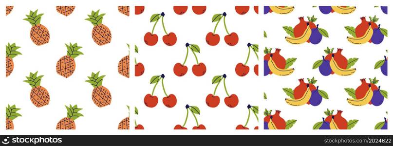 Fruit seamless pattern bundle. Pineapple, cherry and pomegranate. Banana, garnet and plum. Color vector background set