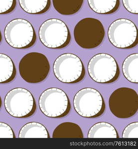 Fruit seamless pattern, coconut with shadow on purple background. Summer vibrant design. Exotic tropical fruit. Colorful vector illustration