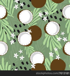 Fruit seamless pattern, coconut with tropical leaves, flowers and abstract elements on green background. Summer vibrant design. Exotic tropical fruit. Colorful vector illustration