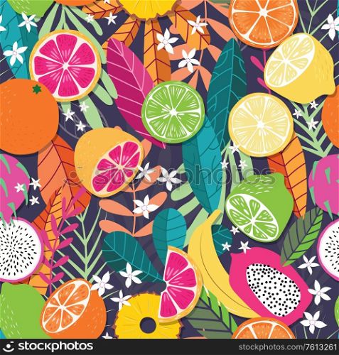 Fruit seamless pattern, collection of exotic tropical fruits with plants and flowers on dark purple background. Summer vibrant design. Colorful vector illustration