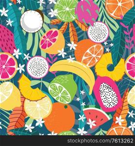 Fruit seamless pattern, collection of exotic tropical fruits with plants and flowers on dark green background. Summer vibrant design. Exotic tropical fruit. Colorful vector illustration