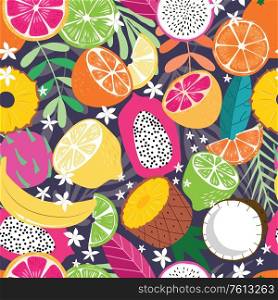 Fruit seamless pattern, collection of exotic tropical fruits with plants and flowers on dark purple background. Summer vibrant design. Colorful vector illustration