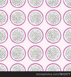 Fruit seamless pattern, dragon fruit slices with shadow on light pink background. Summer vibrant design. Exotic tropical fruit. Colorful vector illustration