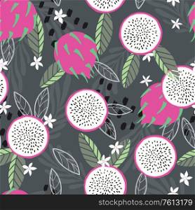 Fruit seamless pattern, dragon fruit with leaves, flowers and abstract elements on dark green background. Summer vibrant design. Exotic tropical fruit. Colorful vector illustration