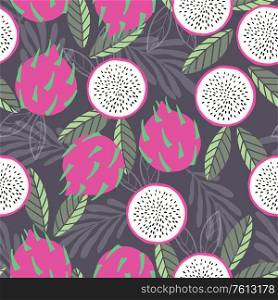 Fruit seamless pattern, dragon fruit with tropical leaves on dark purple background. Summer vibrant design. Exotic tropical fruit. Colorful vector illustration