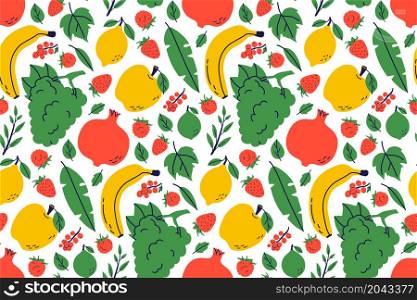 Fruit seamless pattern. Garnet, banana and grape. Color illustration in hand-drawn style. Vector repeat background