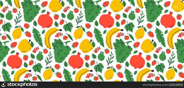 Fruit seamless pattern. Garnet, banana and grape. Color illustration in hand-drawn style. Vector repeat background.. Fruit seamless pattern. Garnet, banana and grape. Color illustration in hand-drawn style. Vector repeat background