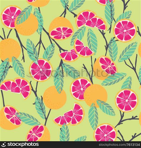 Fruit seamless pattern, grapefruit with branches and leaves on mint green background. Summer vibrant design. Exotic tropical fruit. Colorful vector illustration