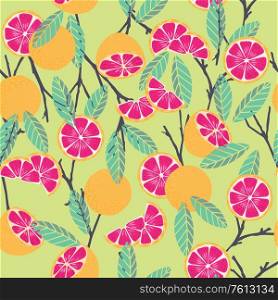 Fruit seamless pattern, grapefruit with branches and leaves on mint green background. Summer vibrant design. Exotic tropical fruit. Colorful vector illustration