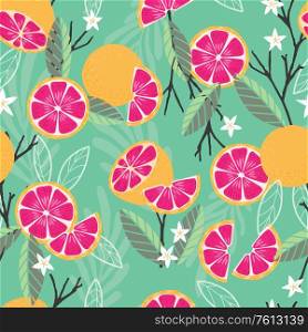Fruit seamless pattern, grapefruit with branches, leaves and flowers on green background. Summer vibrant design. Exotic tropical fruit. Colorful vector illustration
