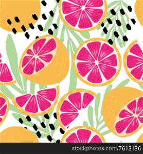Fruit seamless pattern, grapefruit with tropical leaves and abstract elements on white background. Summer vibrant design. Exotic tropical fruit. Colorful vector illustration