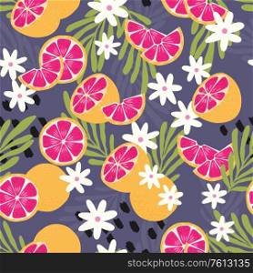 Fruit seamless pattern, grapefruit with tropical leaves, flowers and abstract elements on dark purple background. Summer vibrant design. Exotic tropical fruit. Colorful vector illustration