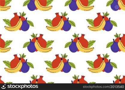 Fruit seamless pattern. Hand drawn vector illustration. Sweet exotic food. Color pomegranat, banana and plum with leaves.. Fruit seamless pattern. Hand drawn vector illustration. Sweet exotic food. Color pomegranat, banana and plum with leaves