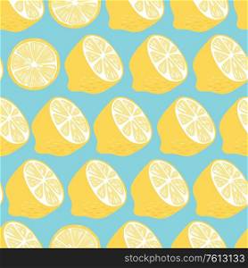 Fruit seamless pattern, lemon halves and slices on bright blue background. Summer vibrant design. Exotic tropical fruit. Colorful vector illustration