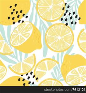 Fruit seamless pattern, lemons on white background with tropical leaves and abstract elements. Summer vibrant design. Exotic tropical fruit. Colorful vector illustration