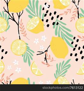 Fruit seamless pattern, lemons with branches, leaves and flowers on pink background. Summer vibrant design. Exotic tropical fruit. Colorful vector illustration