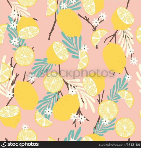 Fruit seamless pattern, lemons with branches, tropical leaves and flowers on pink background. Summer vibrant design. Exotic tropical fruit. Colorful vector illustration
